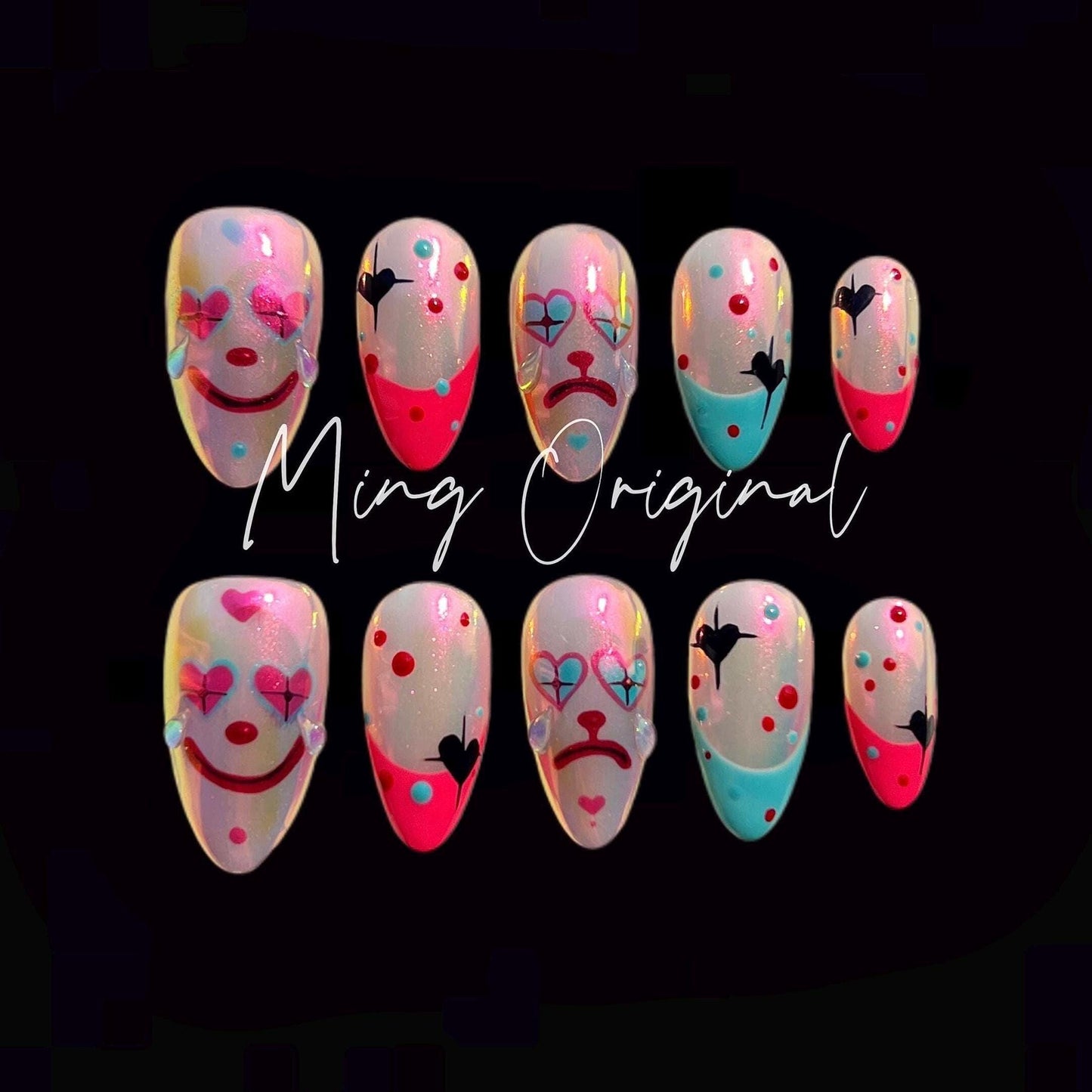Da Joker 3(chrome version)| Halloween Spooky Almond Nail,Clown Lover press on nail,french tip Custom Made Theme Trendy Hot Pink 3d Fake nail