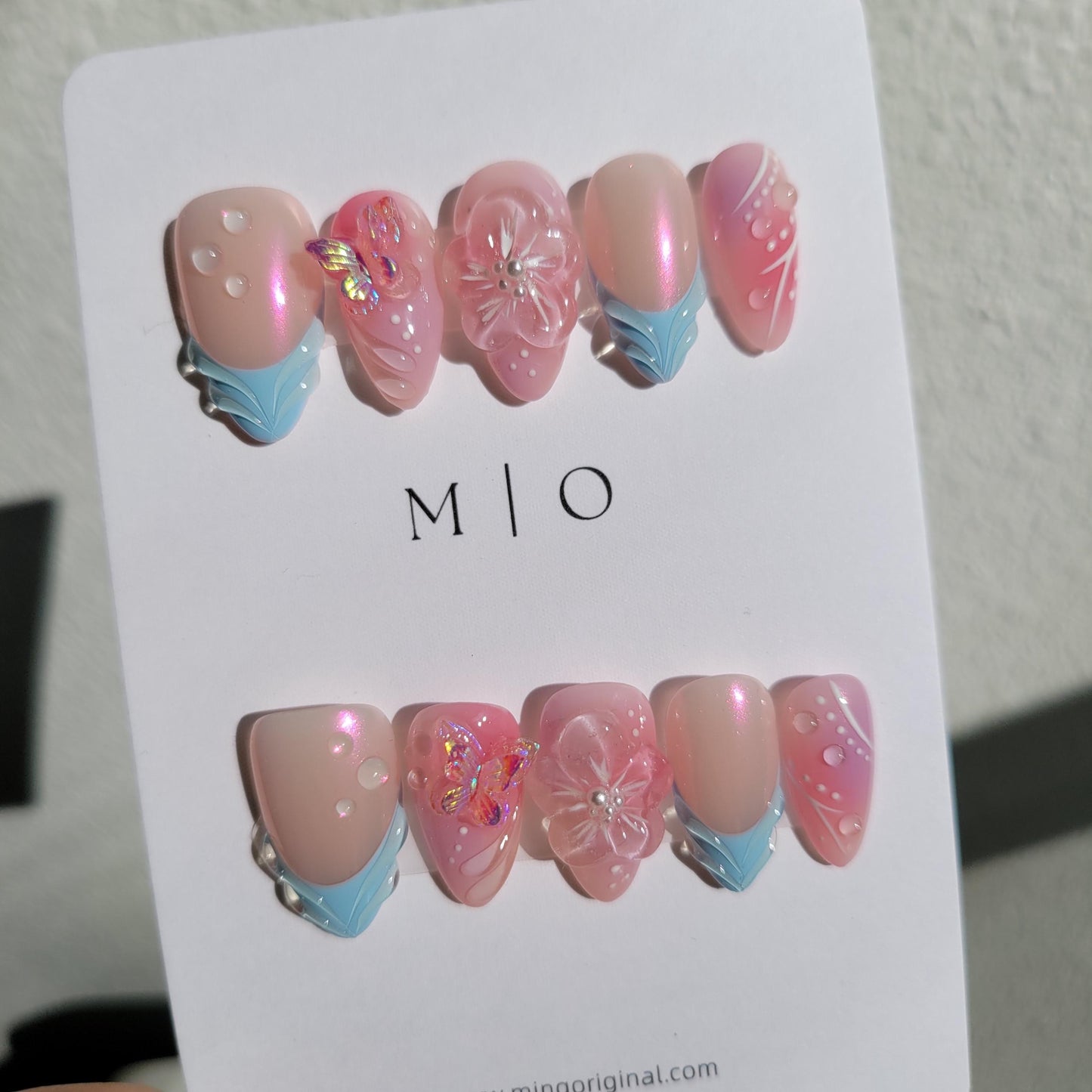 3d flower airbrush pink glittery butterfly aura Press on Nails, blue french tip free style 3d handmade Nails,MO276
