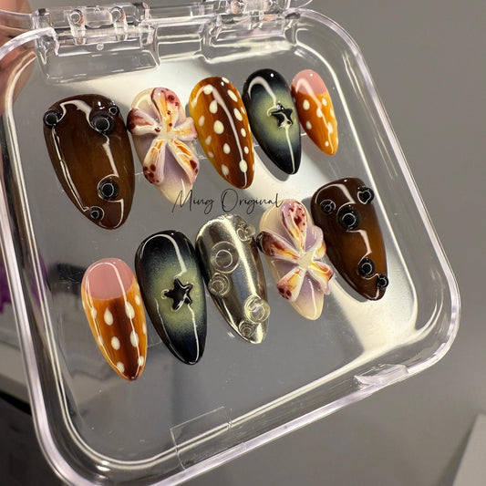 Rainforest vibe Whimsical trippy Flower and Sika deer Press on Nails, free style French glue on Nails, birthday holiday gift for her, MO421