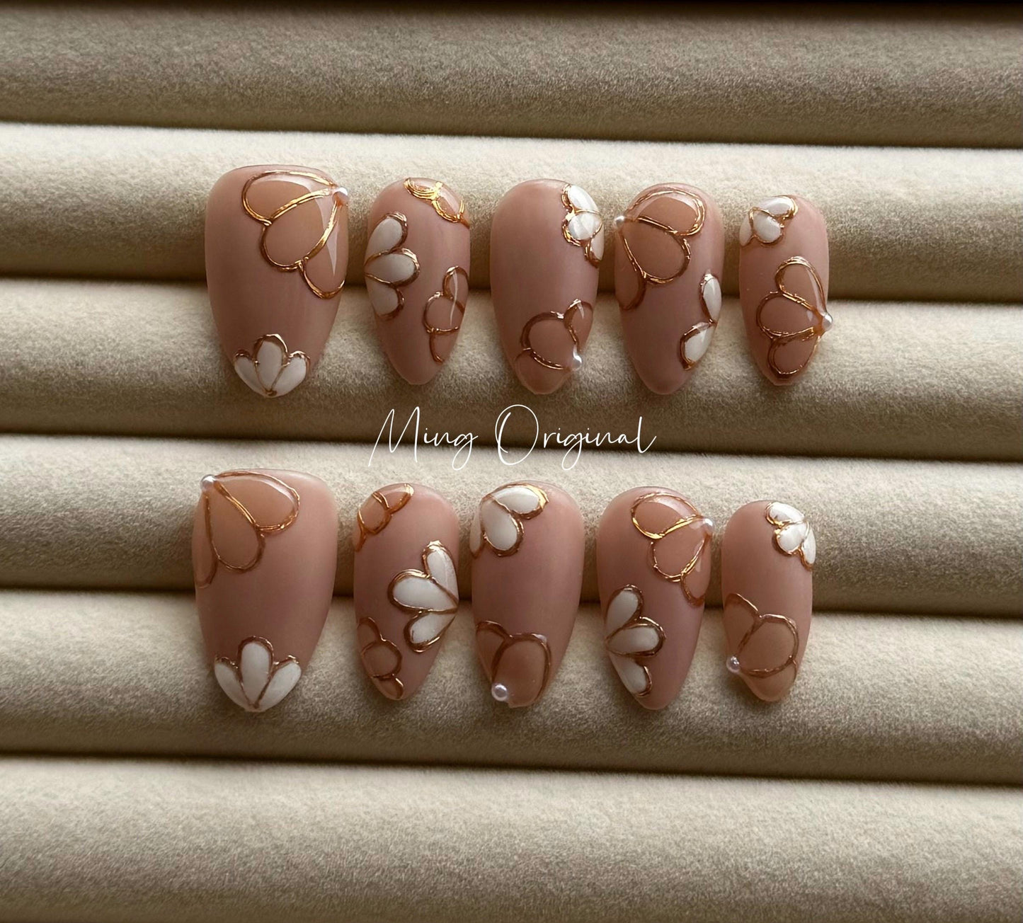 Nude blossom sculptured flower Press on Nails, Gold Frame Orchard Floral Nails, Jelly Nails, gift for her, MO262