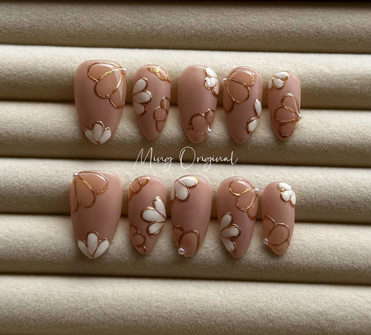 Nude blossom sculptured flower Press on Nails, Gold Frame Orchard Floral Nails, Jelly Nails, gift for her, MO262
