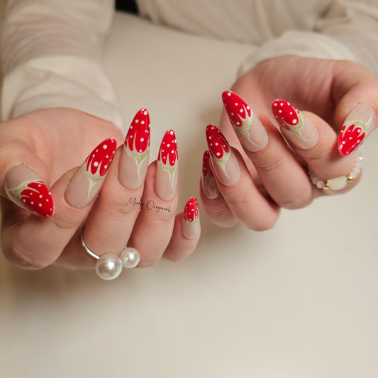 Christmas Red Strawberry press on Nail,  Fruit Lover press on nails, strawberry tip glue on nail, Holiday Fake Nails, Gifts for Her, MO295