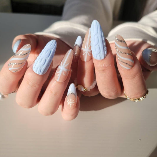 Blue Christmas sweater Press on Nails, snowflake winter handmade Nails, French tip diamond reflective glitter Jelly Nails, MO303