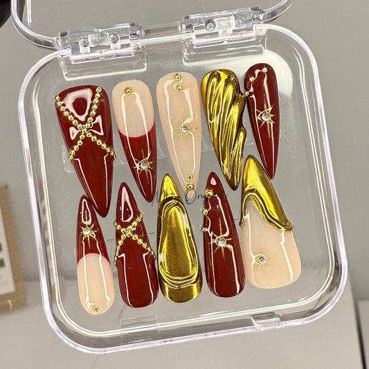 3D red and gold free style press on nails, gold chrome detail nail, heart and Star glue on nail, nude jelly fake nail, gift for her,MO422