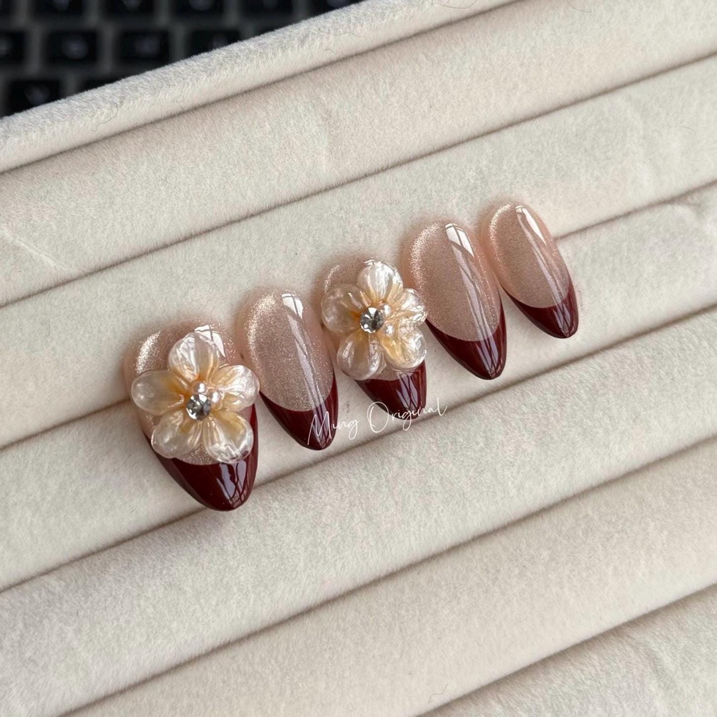 Red French tip nude cateye press on nails, 3d double layered jelly flower Nails, pearl decal,  birthday Christmas holiday gift for her MO318