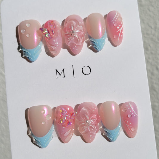 3d flower airbrush pink glittery butterfly aura Press on Nails, blue french tip free style 3d handmade Nails,MO276