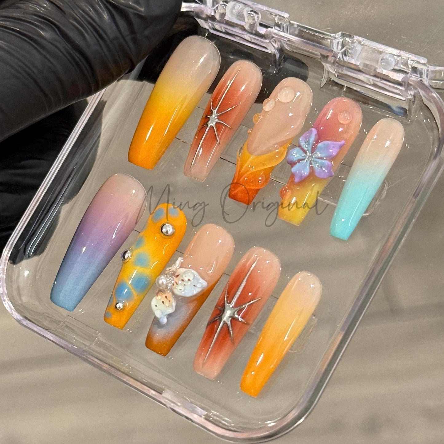 Vivid Beach Colorful Airbrush Ombre 3d Flower press on nails, blue orange purple yellow hand painted candy color vacation nail, gift, MO467