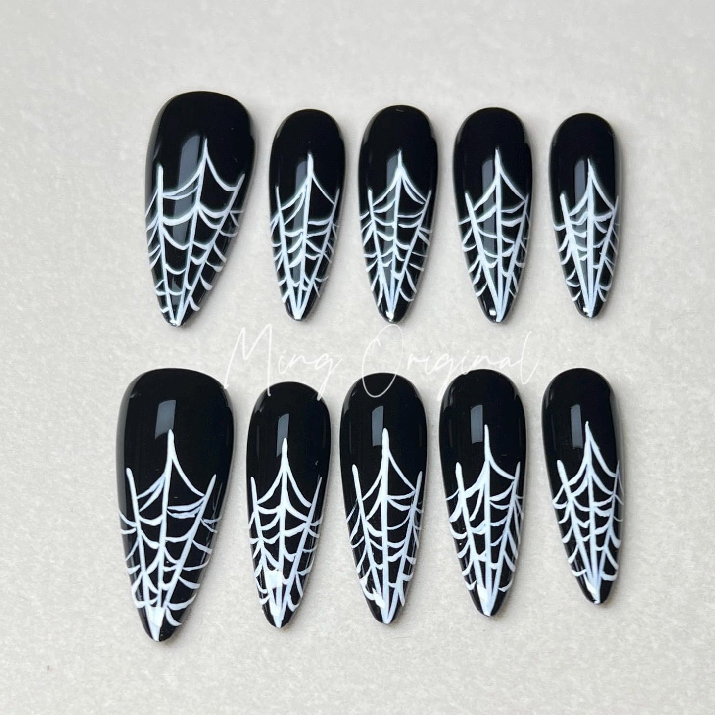Halloween Spooky Spider Web Gothic White Line press on nail, hand painted abstract line y2k nail, custom made fake nail, black nail