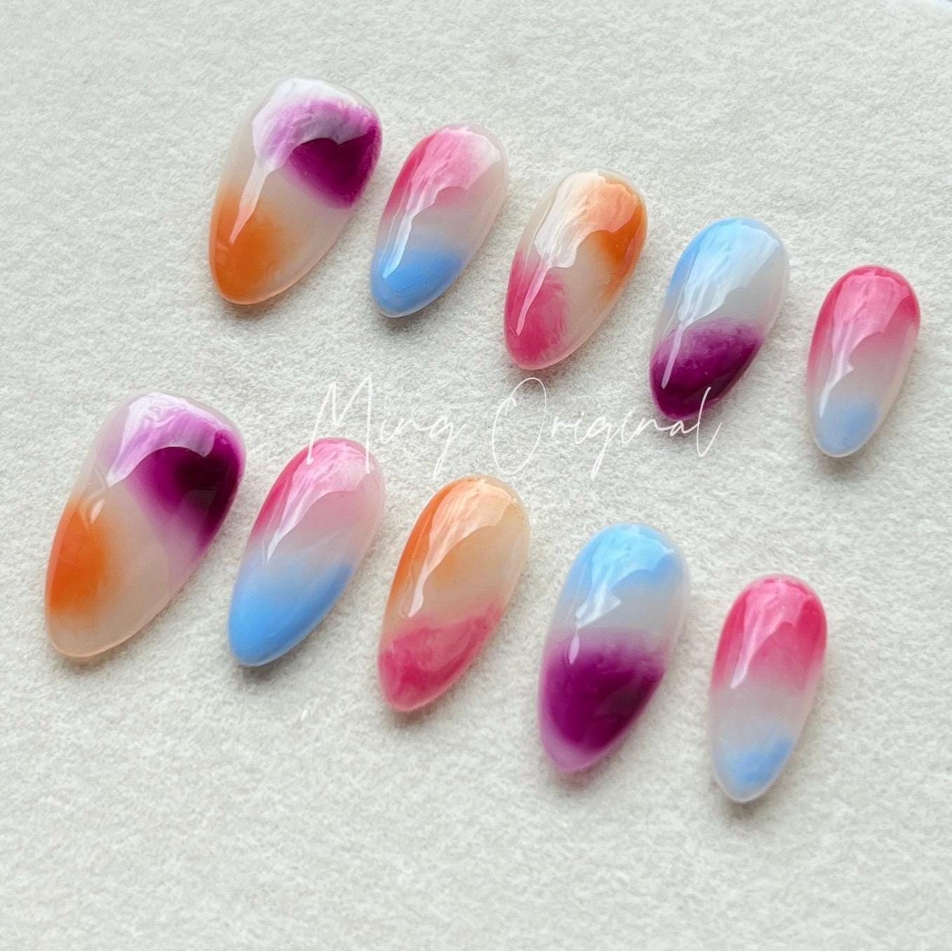 Simple Water Blooming press on nails, reuse nails, jelly fake nails,hand painted pink purple orange blue candy color bloom nail