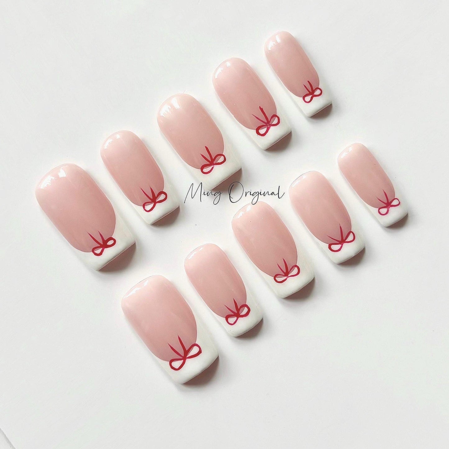 Simple white classy French tip with red bow coquette Press on Nails, French girly handmade Nails, glue on nail, birthday gift for her MO388