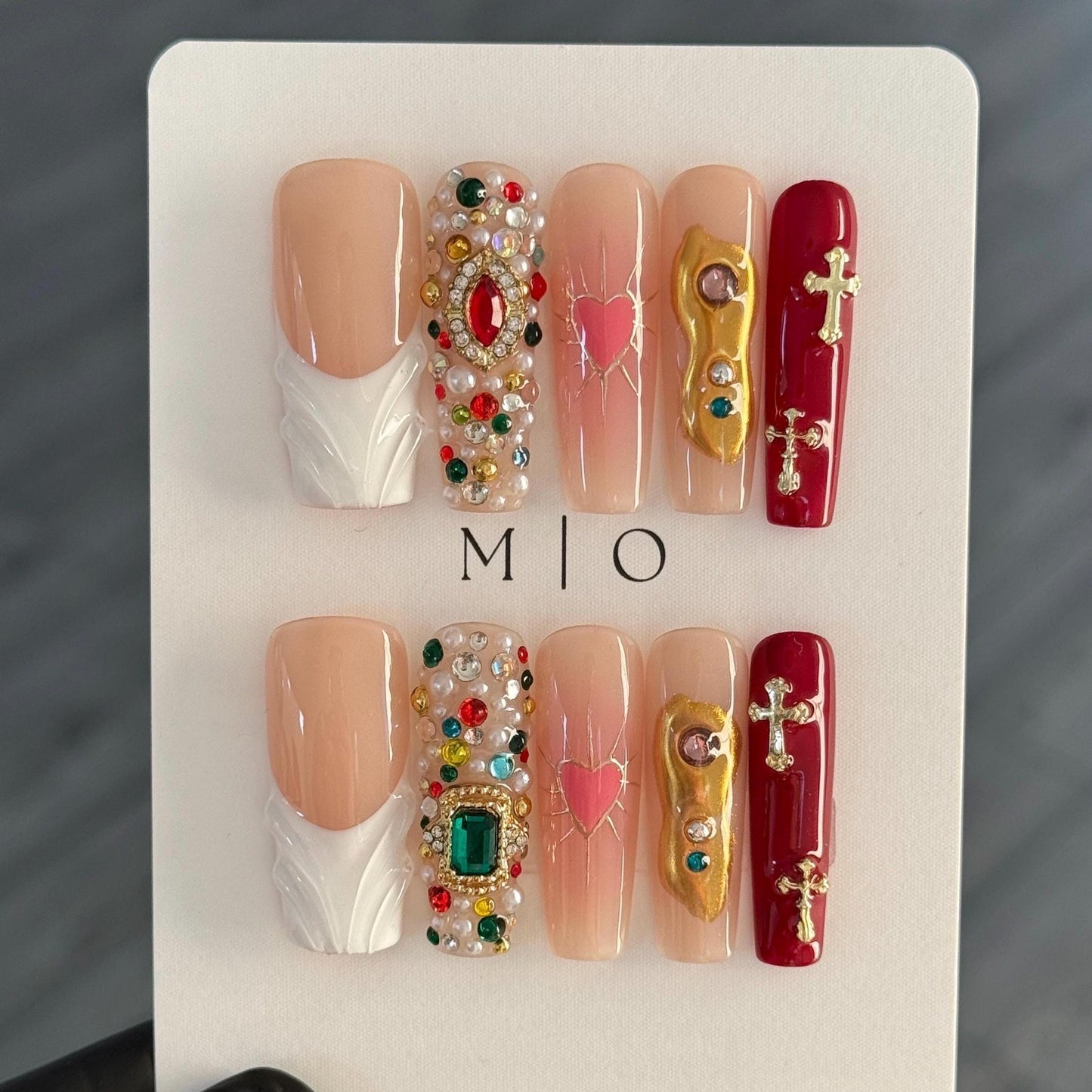 Luxury Bejeweled Custom Press on Nails, Pink Heart Gold Chrome free style multicolor rhinestone pearl handmade Nails, Vacation Nail MO463