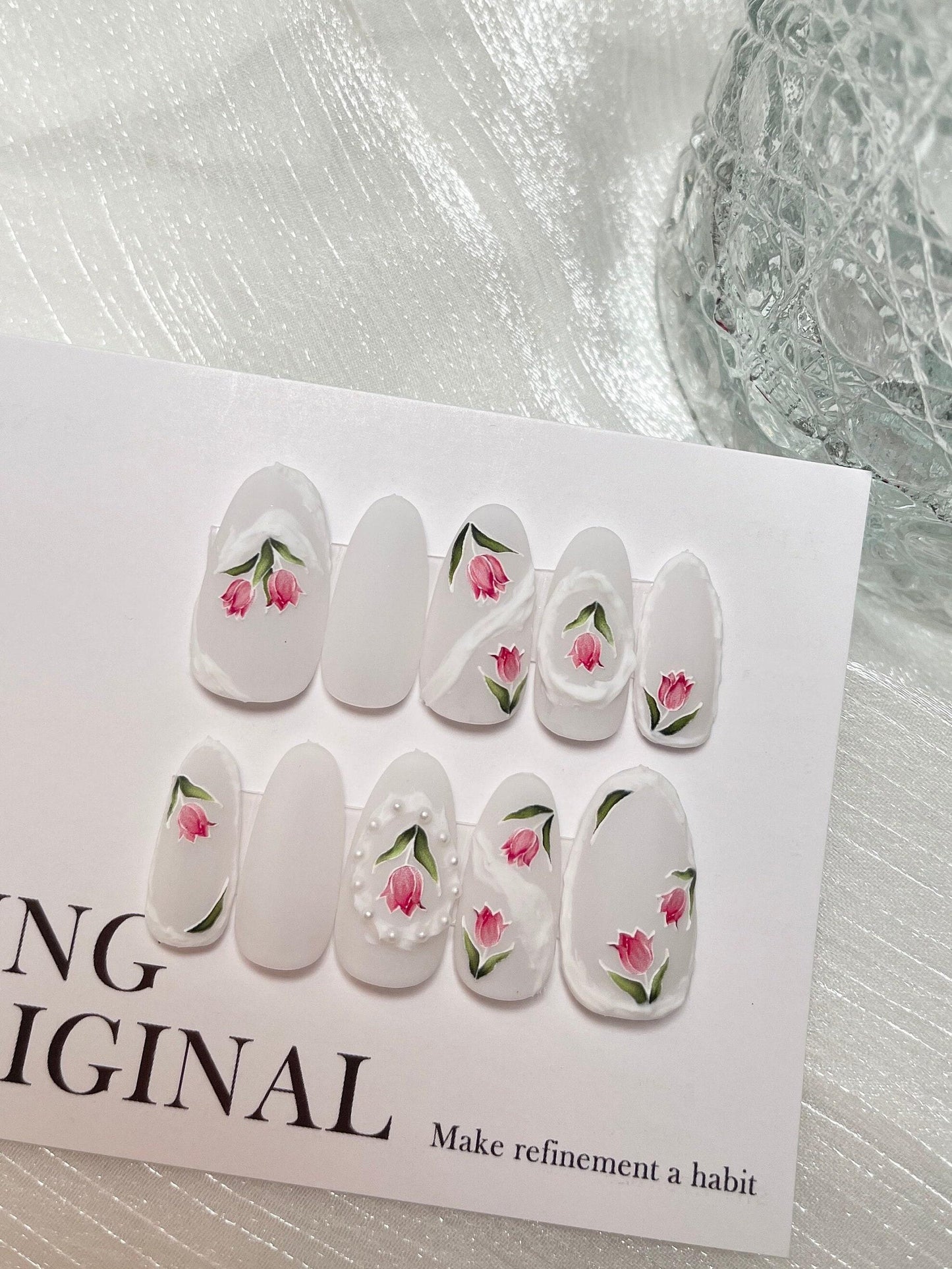 Pink Tulip Flower Milky White 3D Sculpted Pastel Color Acrylic Press on Nails, Fake nails, Nail Artist Faux Gel Nails, Matte Jelly Nail