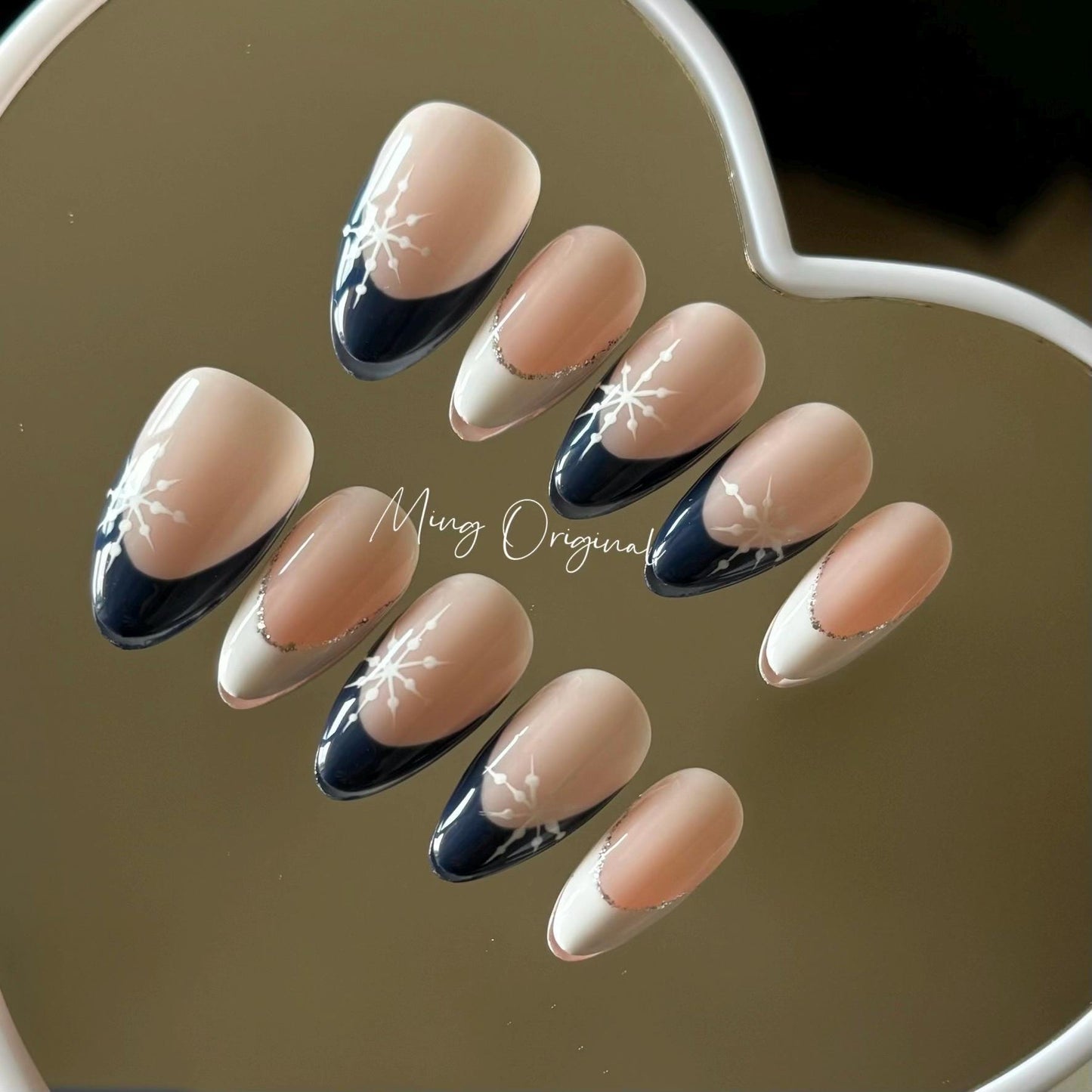 Christmas snowflake press on Nail, blue French tip and snowflake nails, glue on nail, Holiday Fake Nails, Gifts for Her, MO355