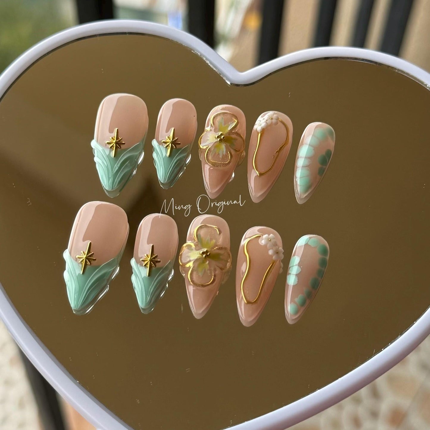 Green mermaid French tip press on nails, croc skin cute gold chrome framed 3d jelly Nails, gold star, holiday gift for her MO312