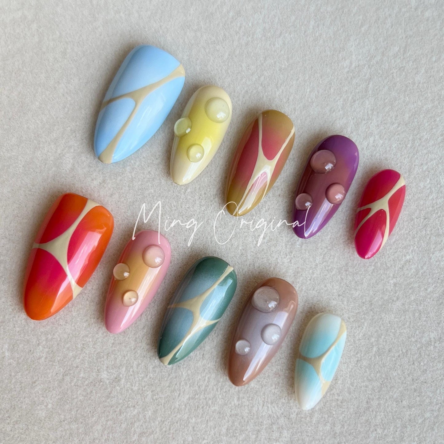 Free style autumn abstract line bubbly color airbrush 3d press on nails, Y2K, ombre color, reuse nails, ,hand painted candy color nail