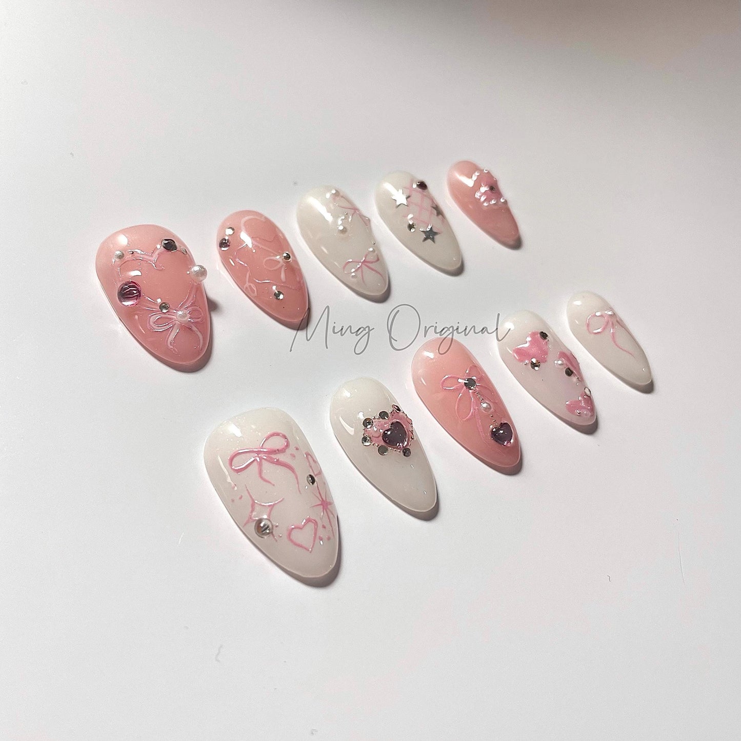 Little bit of cute pink blush heart and bow coquette chrome Press on Nails, pastel ombre color and pearl handmade Nails, gift for her,MO461