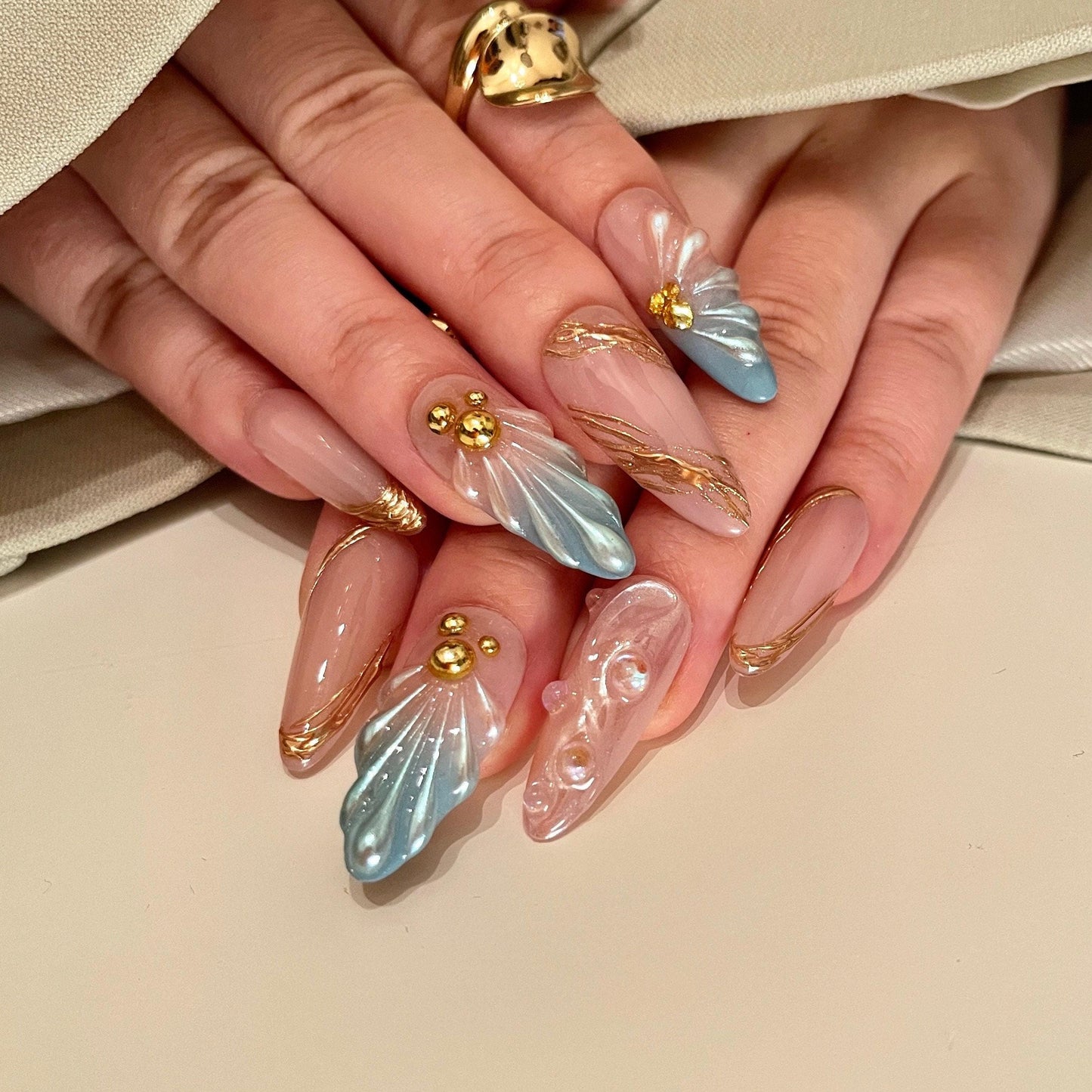 3D Y2K Pearlescent Aurora Blue Mermaid press on nails, Chrome Nail, Aura pearl reusable nail, jelly fake nail