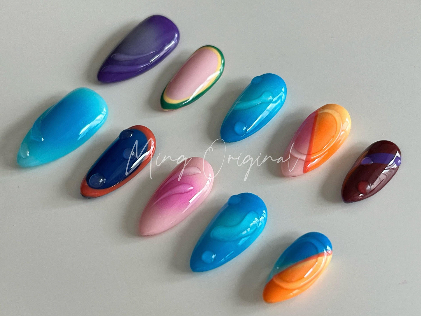 Free style spring bubbly color airbrush press on nails, Y2K, ombre color, 3d nail,  reuse nails, ,hand painted candy color nail