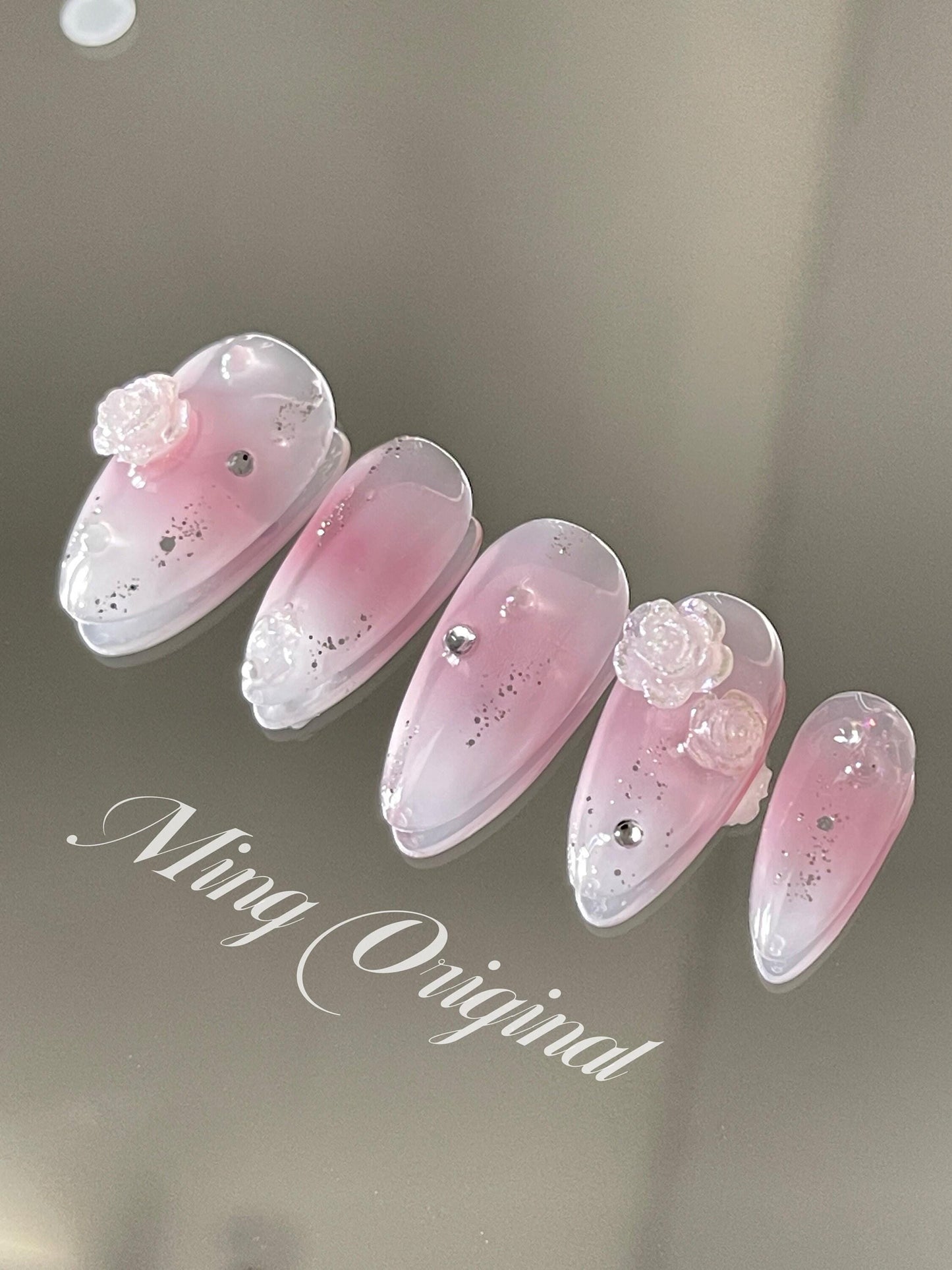White Jelly crystal camellia flower pink ombre blush Press on Nails, glittery water blooming fake Nails, Gel Nails, jewel nail