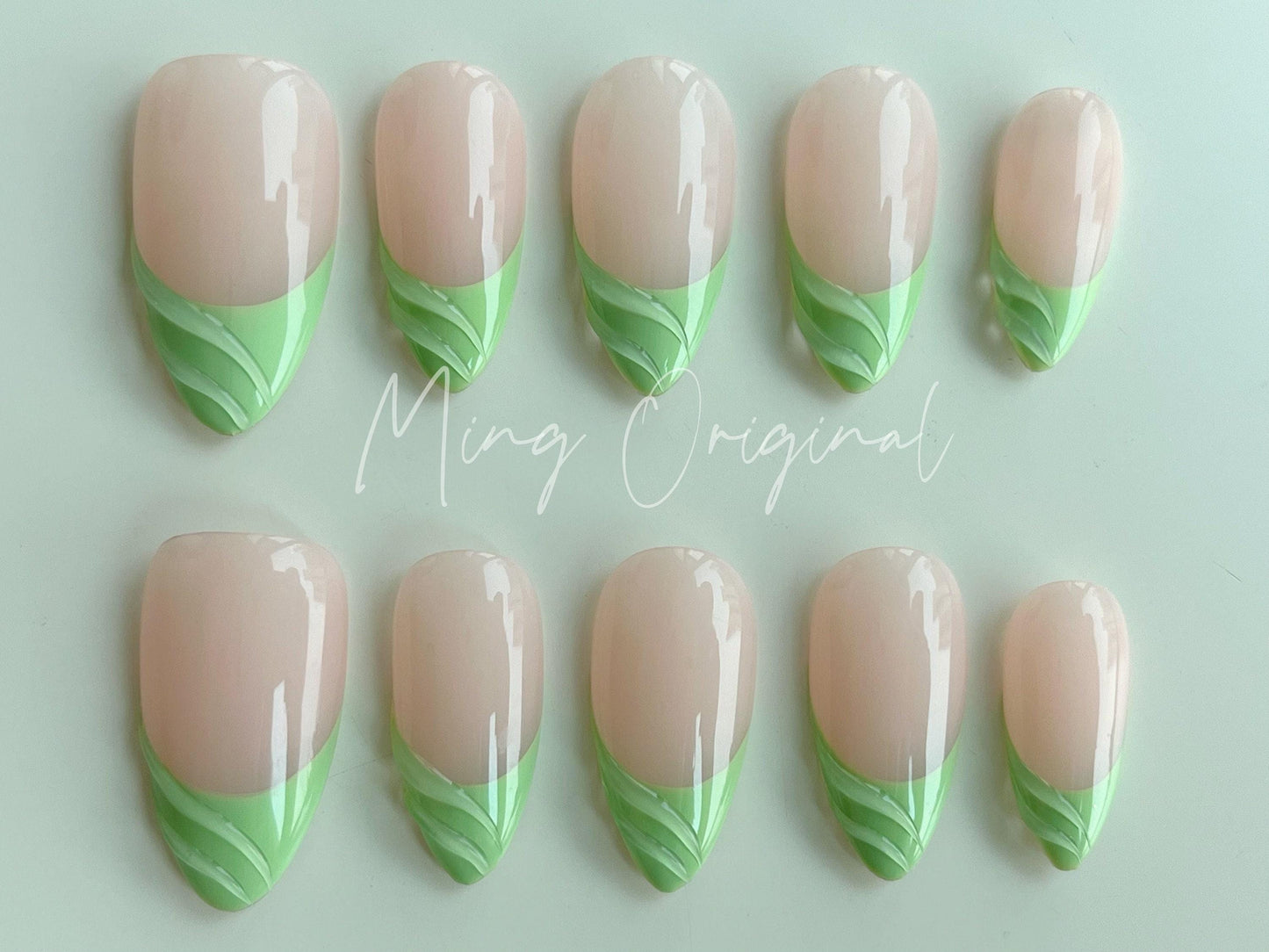 Summer Green Cute Free style 3d French Tip press on nail, gift for her