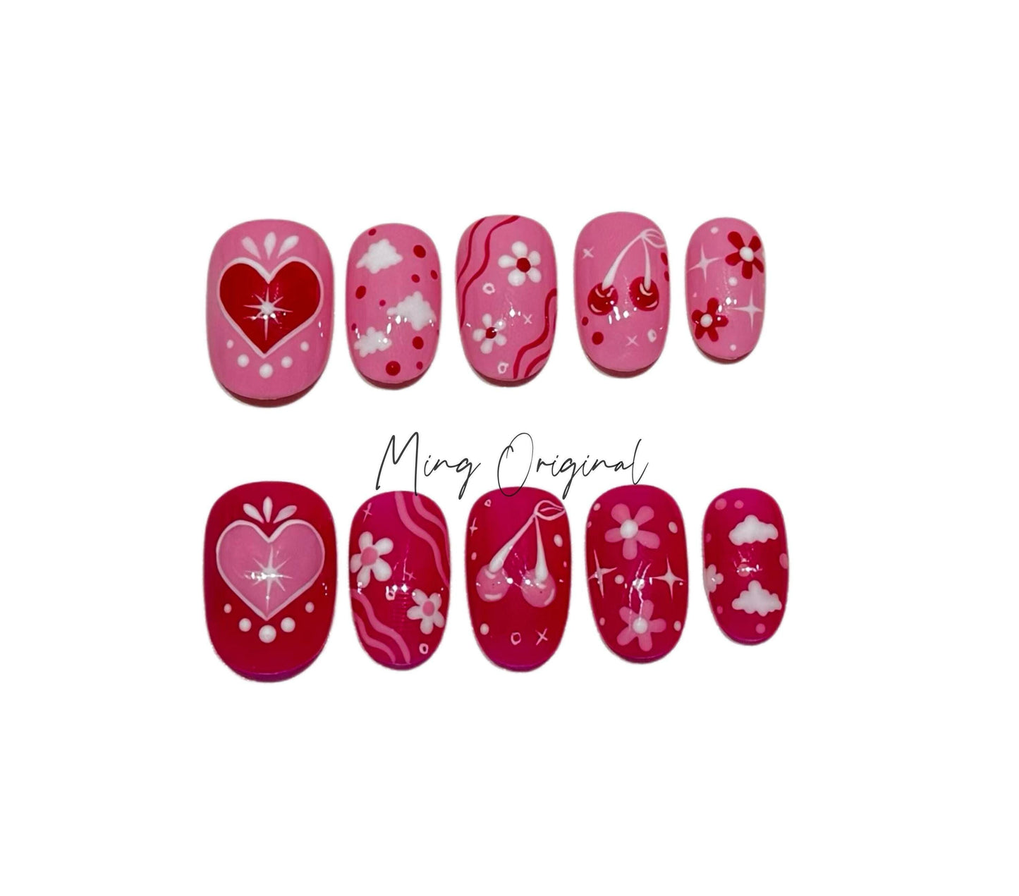 Cute Free style pink heart Press on Nails, colorful cherry flower, girly cloud nail, hand painted Nails,