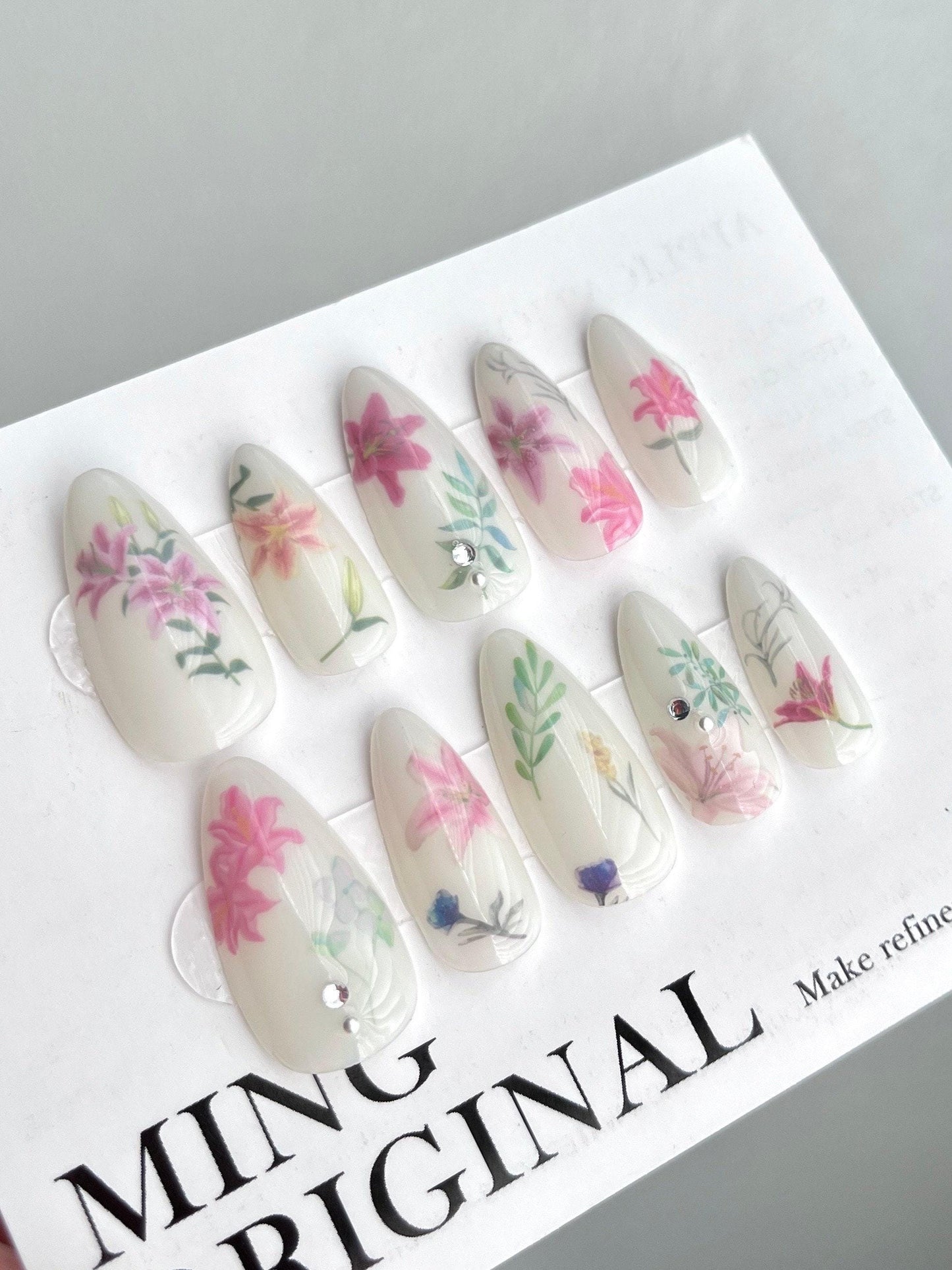 Da Milk Bath | Floral Press on Nails, Rhinestones Fake Nails, Handmade Gel Nails, Jelly Nails, jewel nail