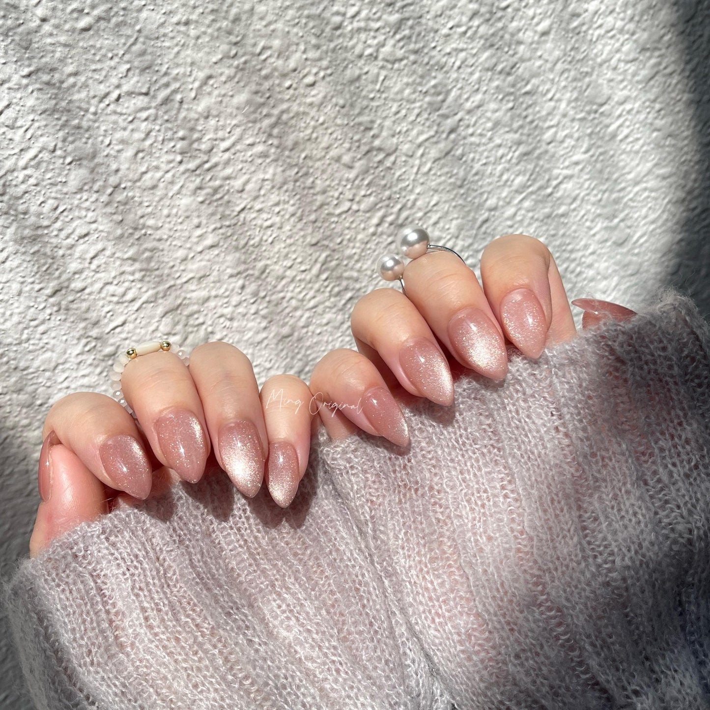 Simple natural look nude pink cat eye, magnetic cat eye press on nails, semitransparent reuse nails, glitter fake nail