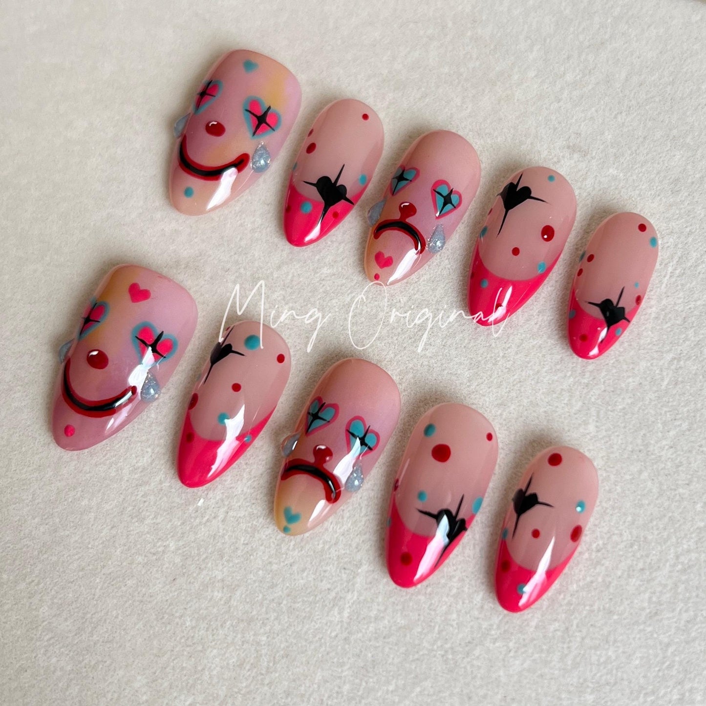 Da Joker | Halloween Spooky Almond Nail, Clown Lover press on nail, french tip nail, Custom Made Theme Trendy Fake nail, hot pink 3d nail