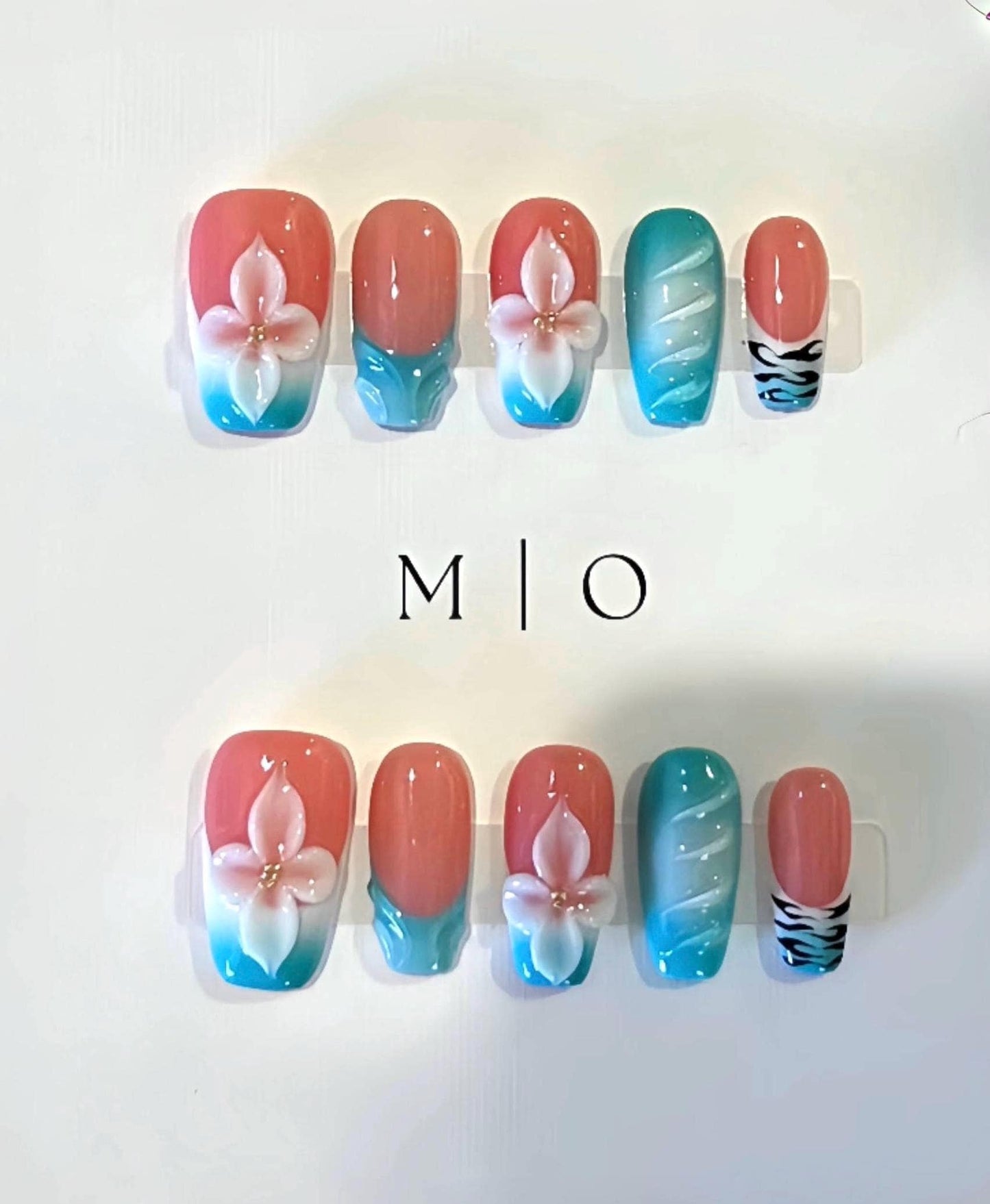 Blue ombre 3D sculptured white flower Press on Nails, Blue French Tip Summer Orchard Floral Nail, Jelly Nails, glue on nails, MO453