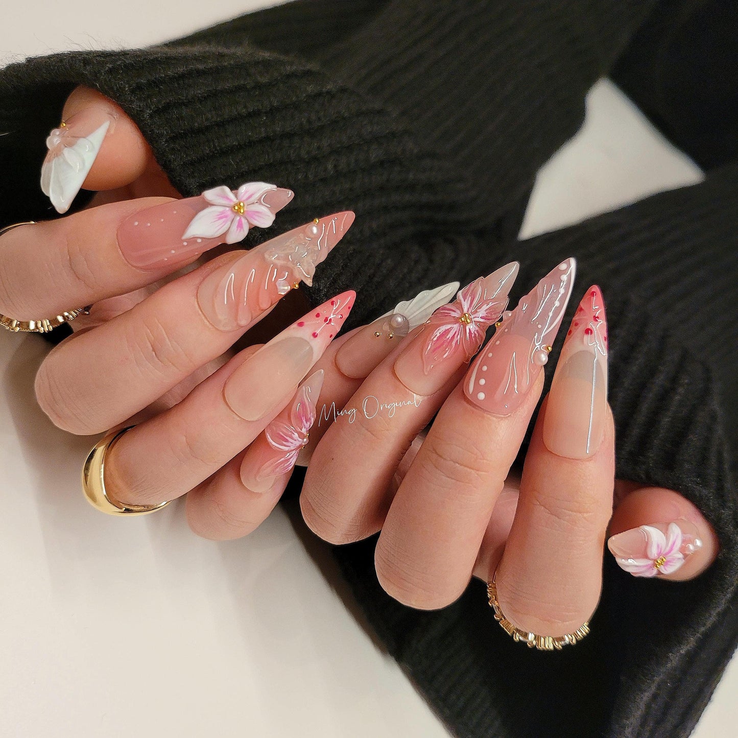 Pink 3D sculptured flower Press on Nails, Mermaid Seashell Nails, Clear Orchard Floral Nails, Jelly Nails, glue on nails, MO284