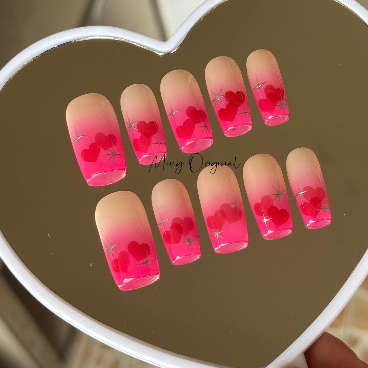 Hot pink sweetheart Press on Nails, hand painted free style silver chrome star glue on Nails, handmade holiday birthday gift for her MO315