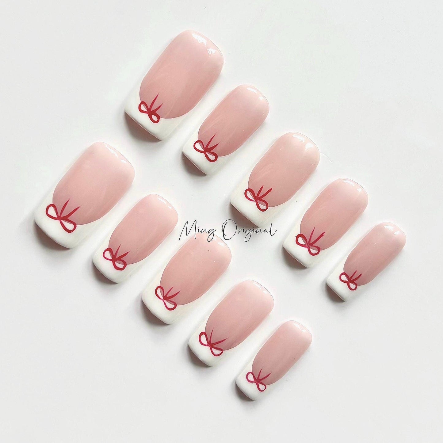 Simple white classy French tip with red bow coquette Press on Nails, French girly handmade Nails, glue on nail, birthday gift for her MO388