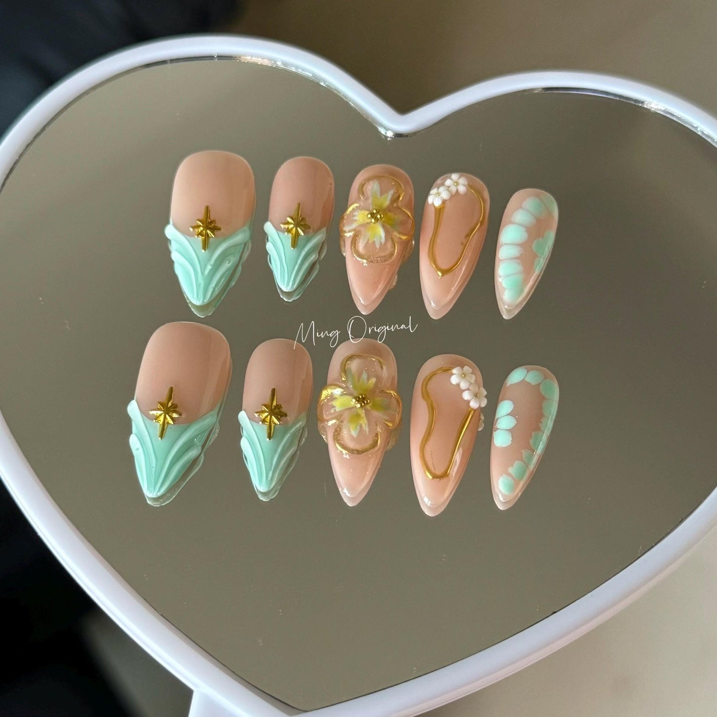 Green mermaid French tip press on nails, croc skin cute gold chrome framed 3d jelly Nails, gold star, holiday gift for her MO312