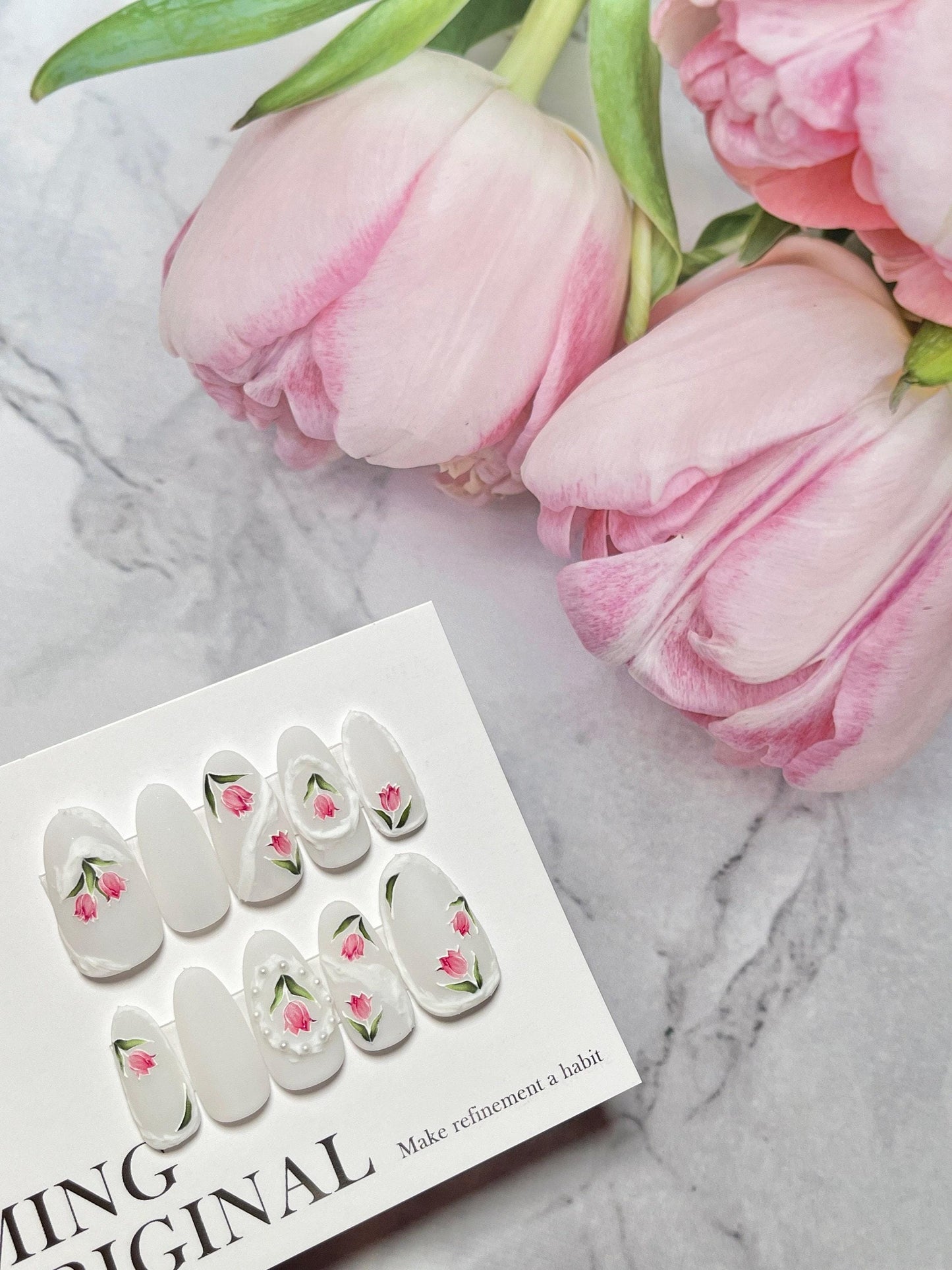 Pink Tulip Flower Milky White 3D Sculpted Pastel Color Acrylic Press on Nails, Fake nails, Nail Artist Faux Gel Nails, Matte Jelly Nail