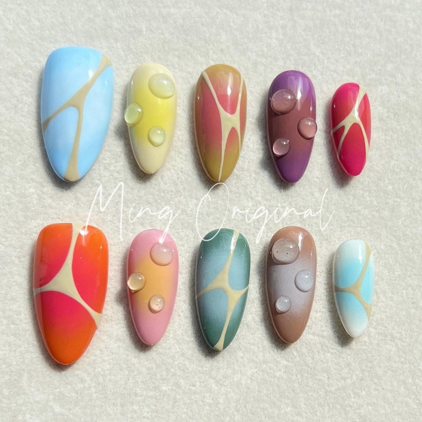 Free style autumn abstract line bubbly color airbrush 3d press on nails, Y2K, ombre color, reuse nails, ,hand painted candy color nail
