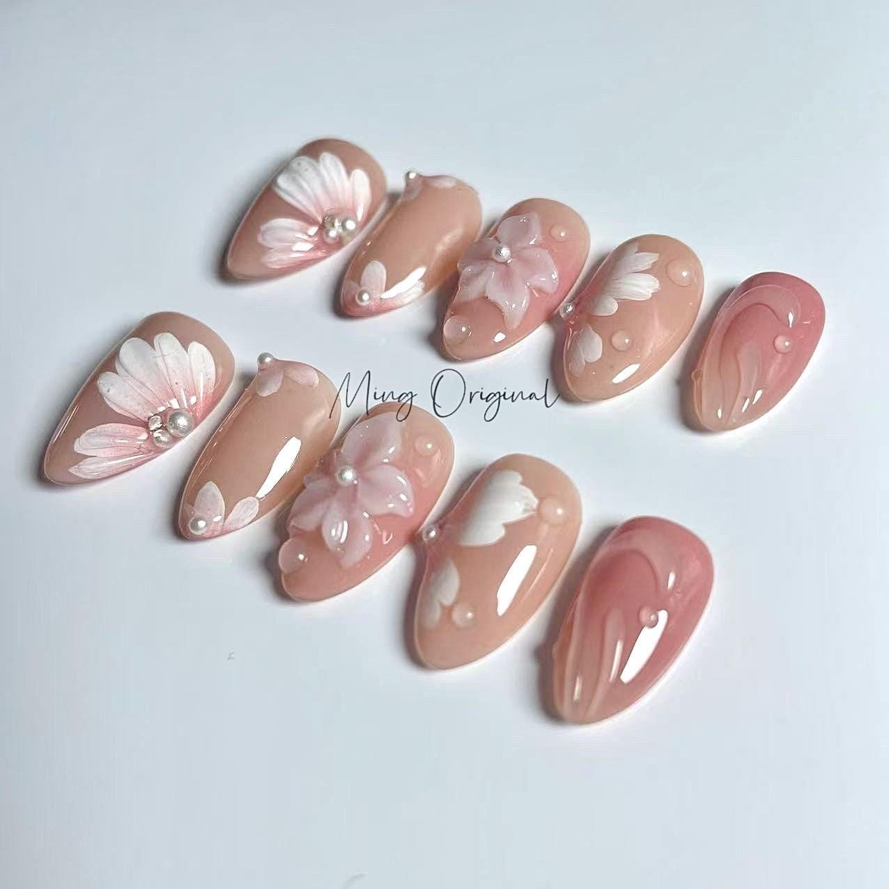 Spring Pink 3D sculptured flower Press on Nails, Mermaid Seashell Nails, milky Orchard Floral Nails, Jelly Nails, glue on nails, MO446