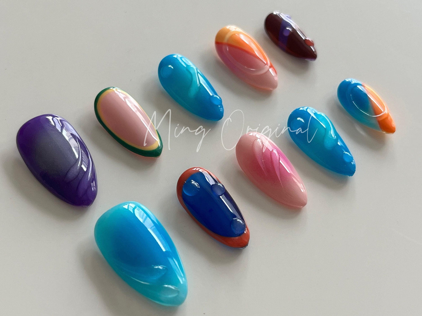 Free style spring bubbly color airbrush press on nails, Y2K, ombre color, 3d nail,  reuse nails, ,hand painted candy color nail
