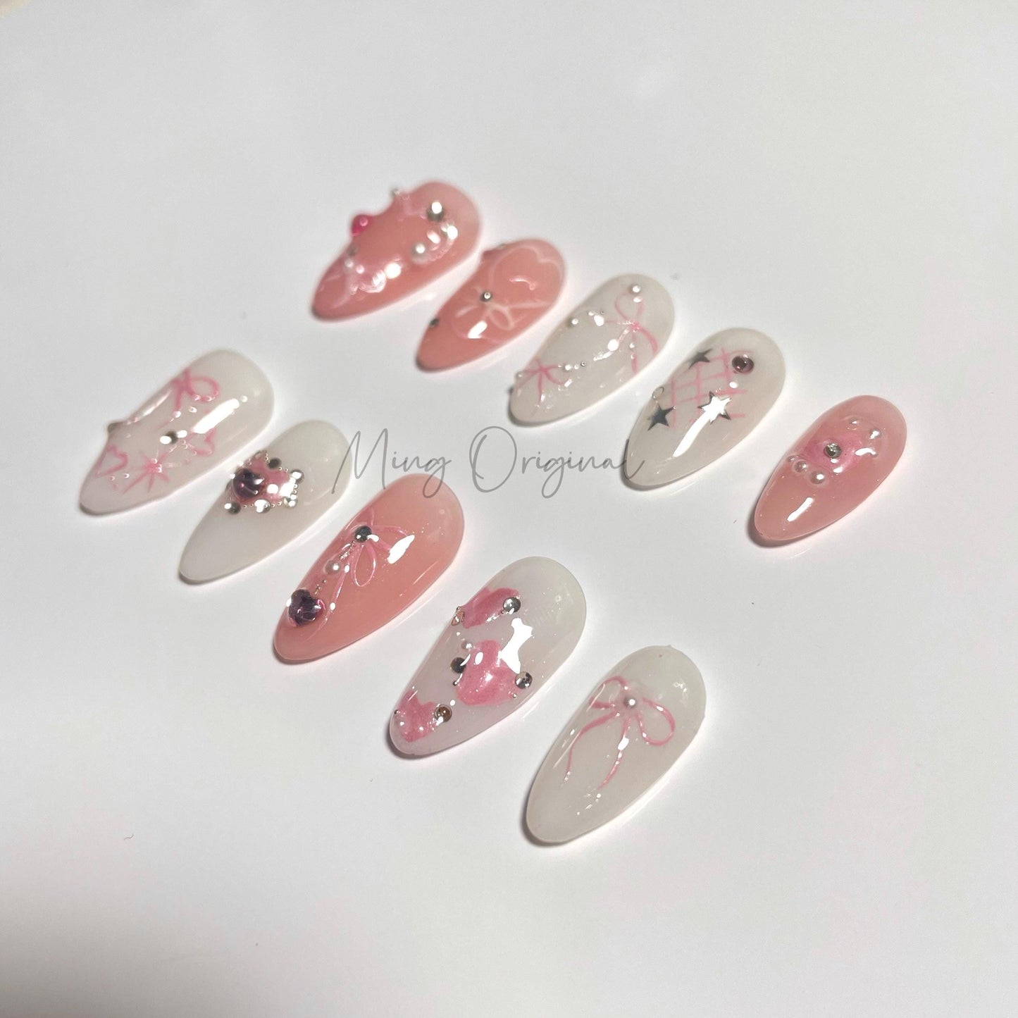 Little bit of cute pink blush heart and bow coquette chrome Press on Nails, pastel ombre color and pearl handmade Nails, gift for her,MO461