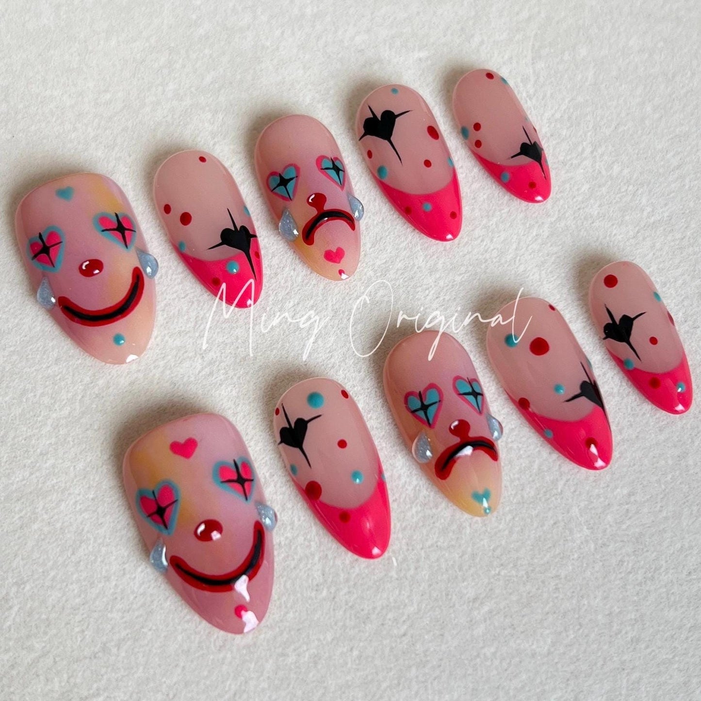 Da Joker | Halloween Spooky Almond Nail, Clown Lover press on nail, french tip nail, Custom Made Theme Trendy Fake nail, hot pink 3d nail