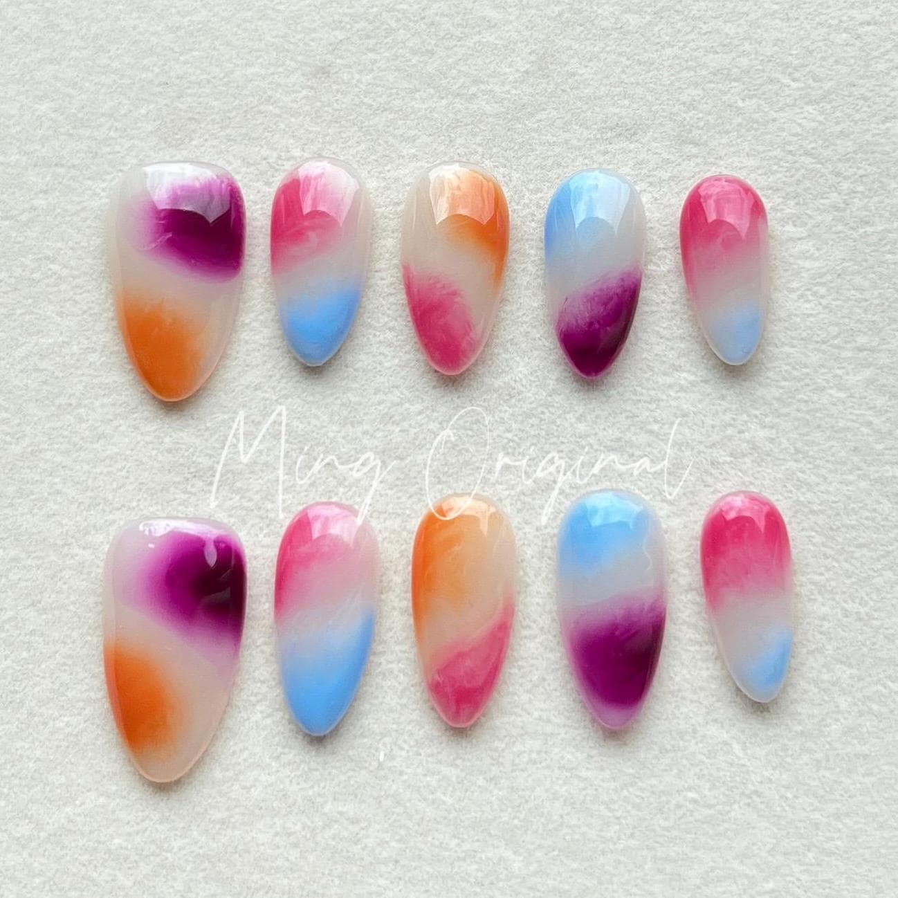 Simple Water Blooming press on nails, reuse nails, jelly fake nails,hand painted pink purple orange blue candy color bloom nail