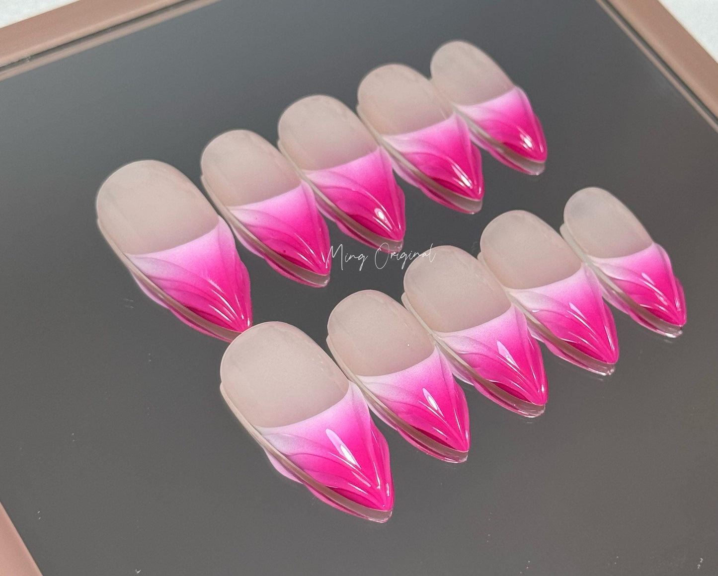 3D Free Style Hot Pink Mermaid press on nails, Vibrant color, ombre color, French tip, MO240