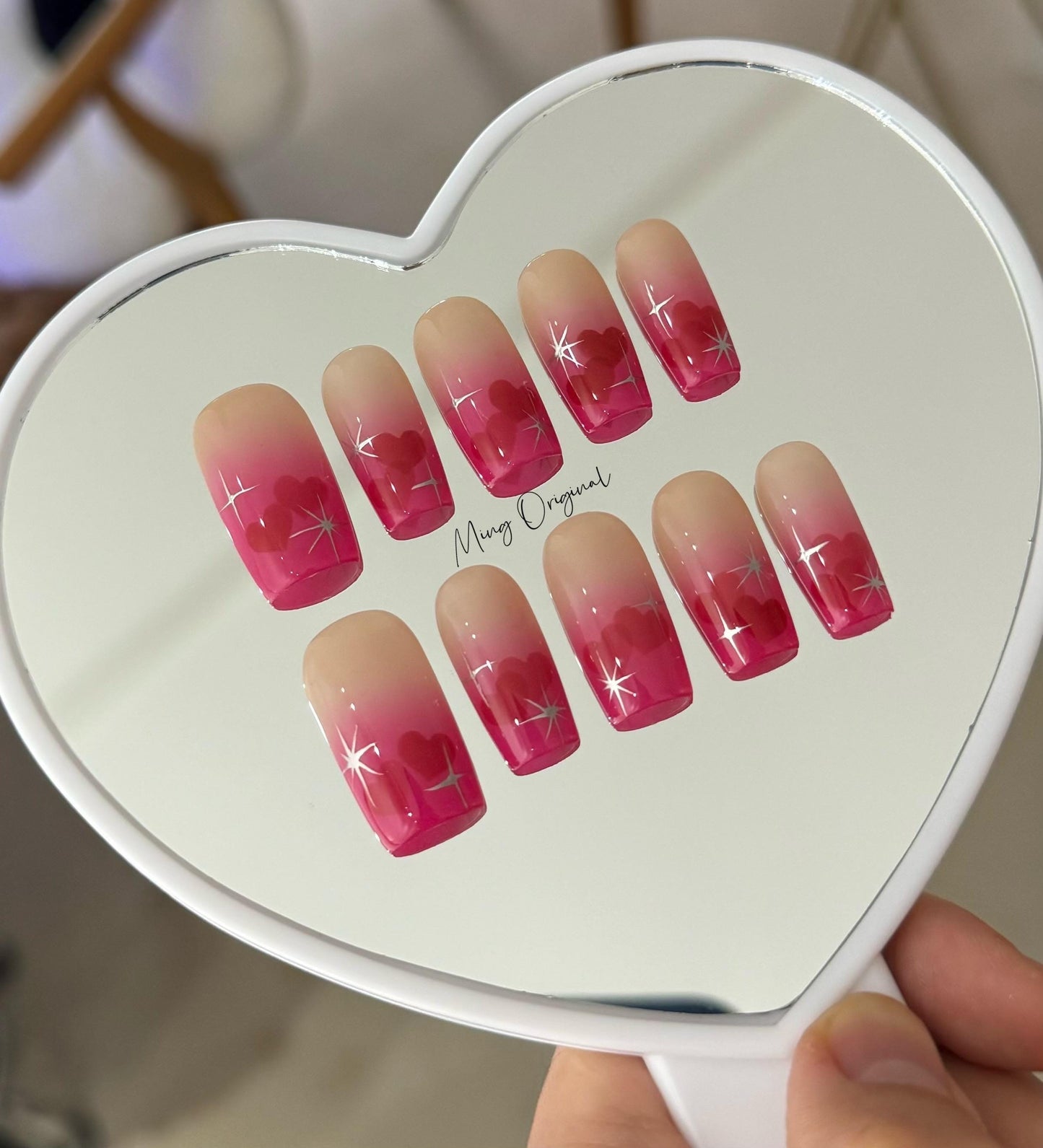 Hot pink sweetheart Press on Nails, hand painted free style silver chrome star glue on Nails, handmade holiday birthday gift for her MO315