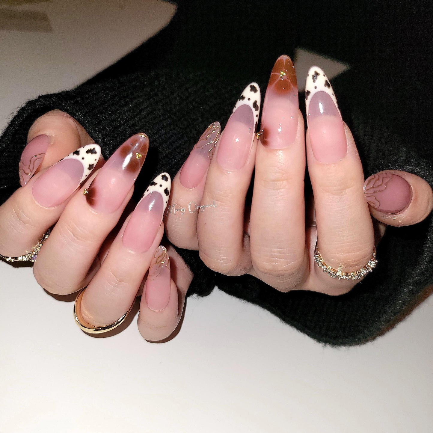 Soft Simple Autumn Brown flower press on Nail, leopard animal print French tip , gold chrome details, glue on nail, Gifts for Her, MO357