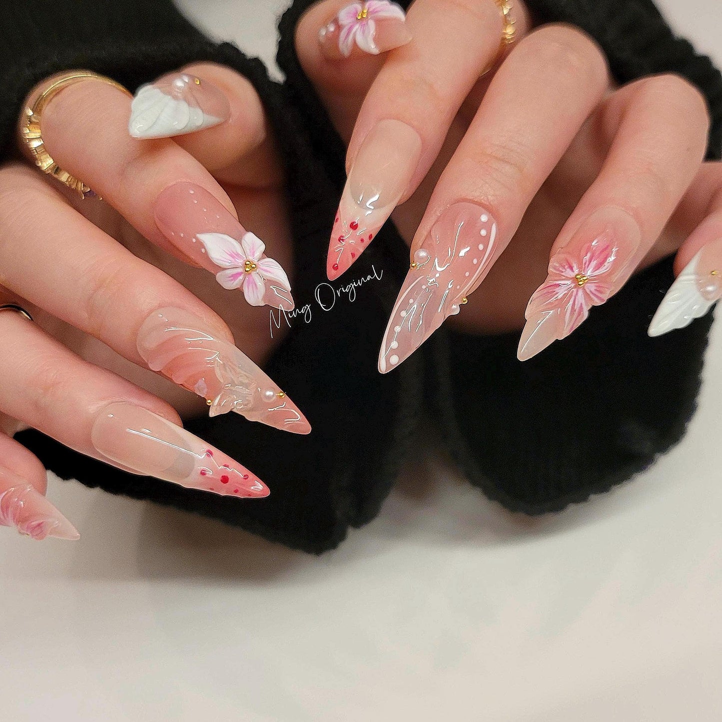 Pink 3D sculptured flower Press on Nails, Mermaid Seashell Nails, Clear Orchard Floral Nails, Jelly Nails, glue on nails, MO284