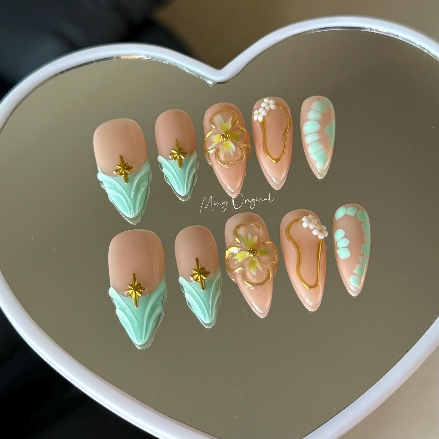 Green mermaid French tip press on nails, croc skin cute gold chrome framed 3d jelly Nails, gold star, holiday gift for her MO312