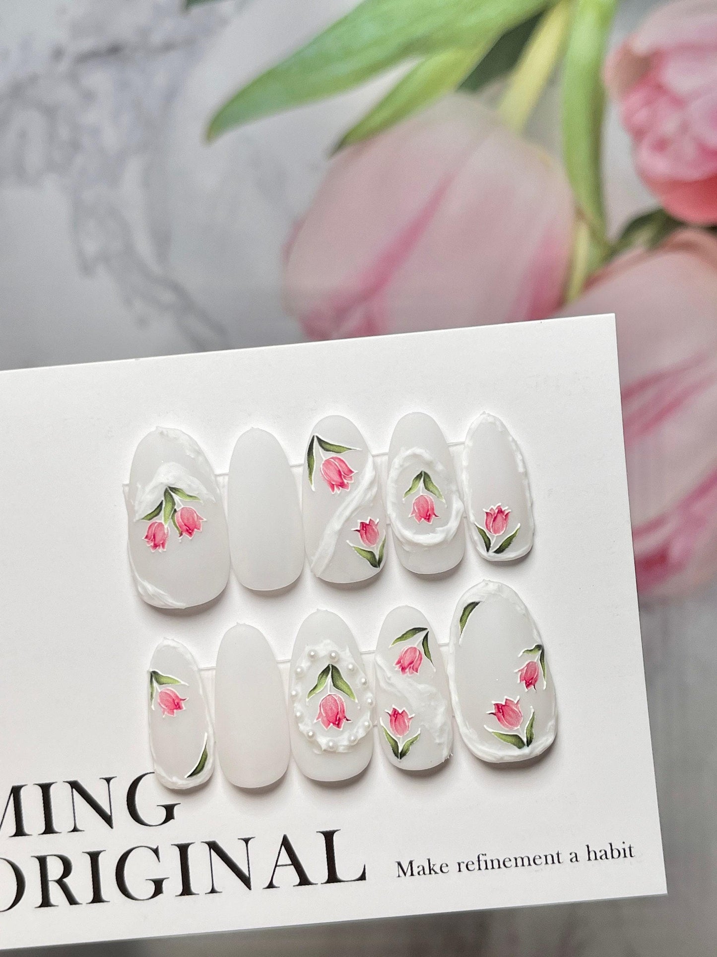 Pink Tulip Flower Milky White 3D Sculpted Pastel Color Acrylic Press on Nails, Fake nails, Nail Artist Faux Gel Nails, Matte Jelly Nail