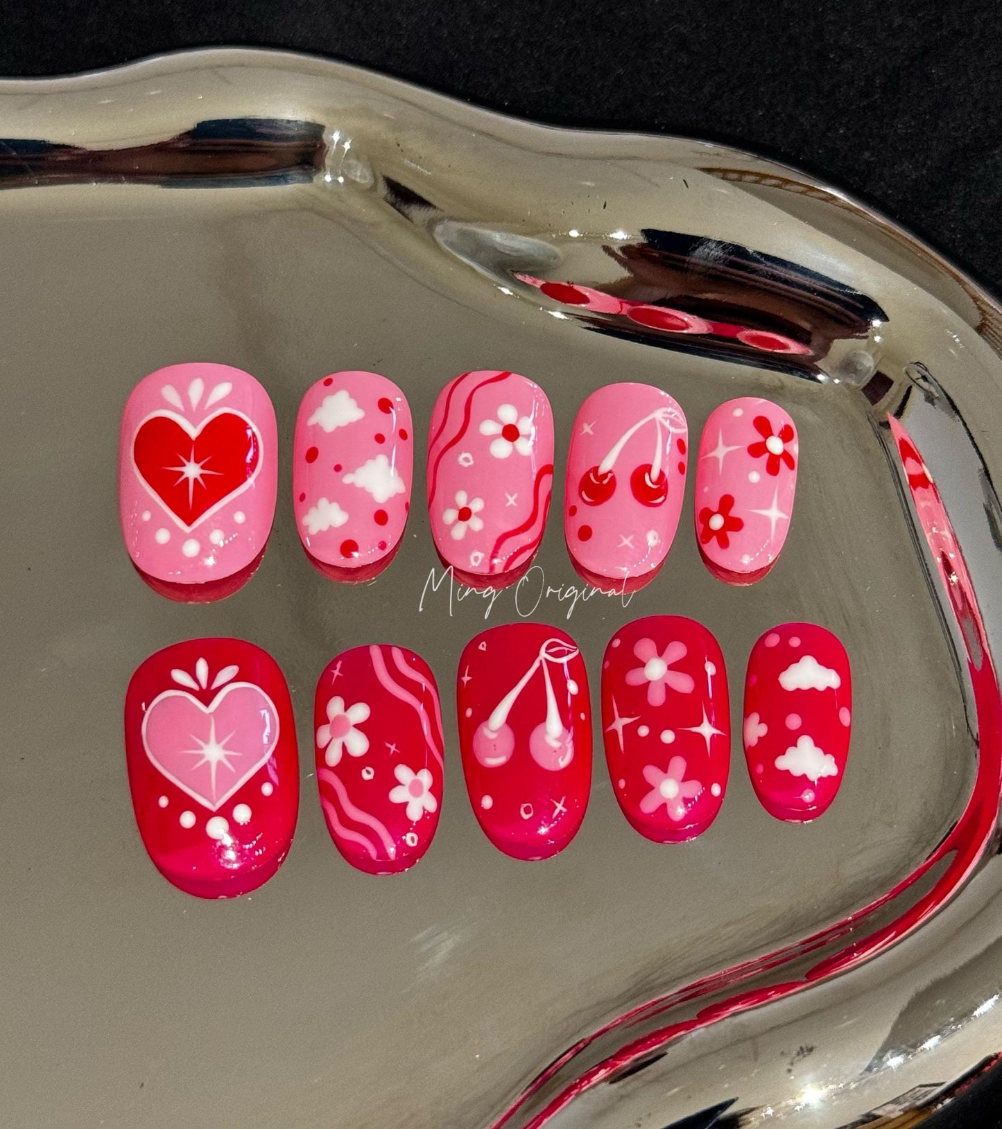 Cute Free style pink heart Press on Nails, colorful cherry flower, girly cloud nail, hand painted Nails,