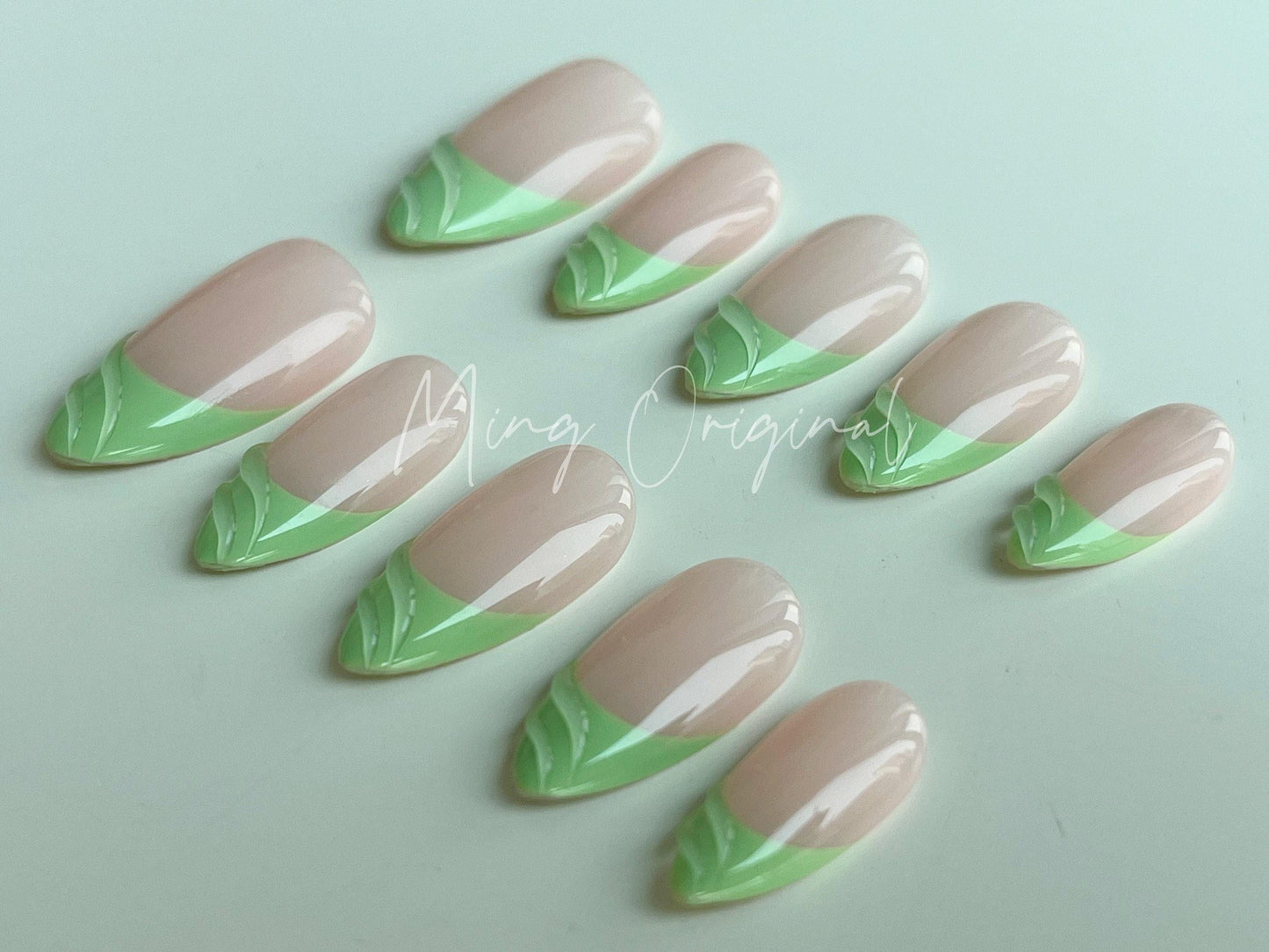 Summer Green Cute Free style 3d French Tip press on nail, gift for her