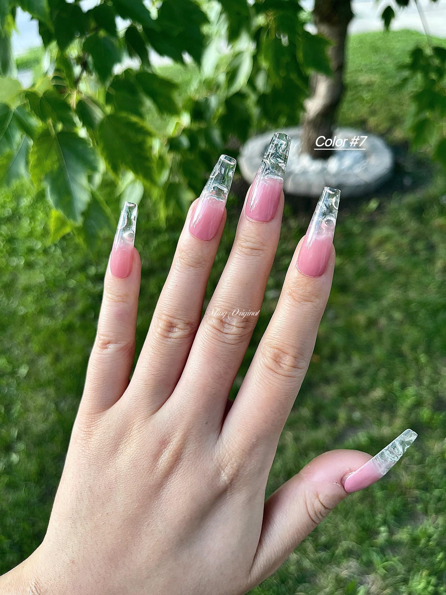 Water encapsulated Ombre Gradient Faded clear Press on Nails, transparent tip nail, Soft Pink 3d Fake nails