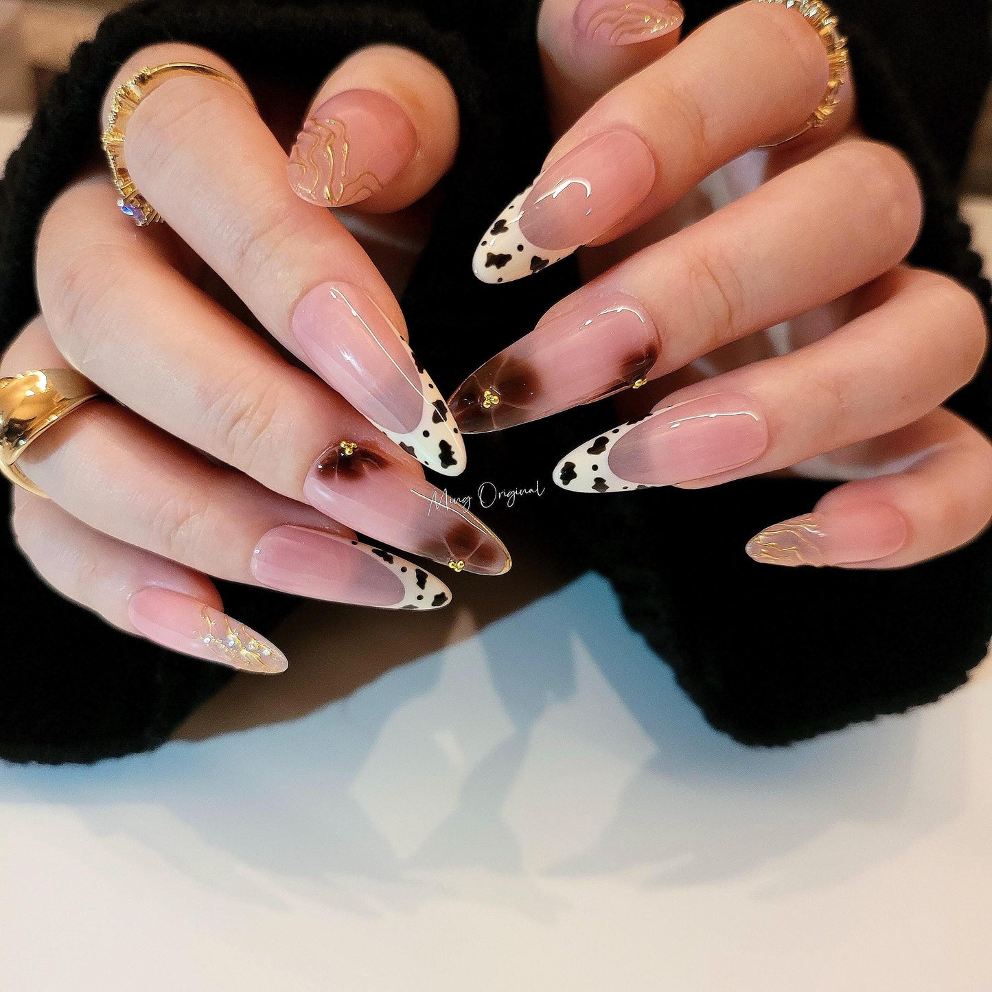 Soft Simple Autumn Brown flower press on Nail, leopard animal print French tip , gold chrome details, glue on nail, Gifts for Her, MO357